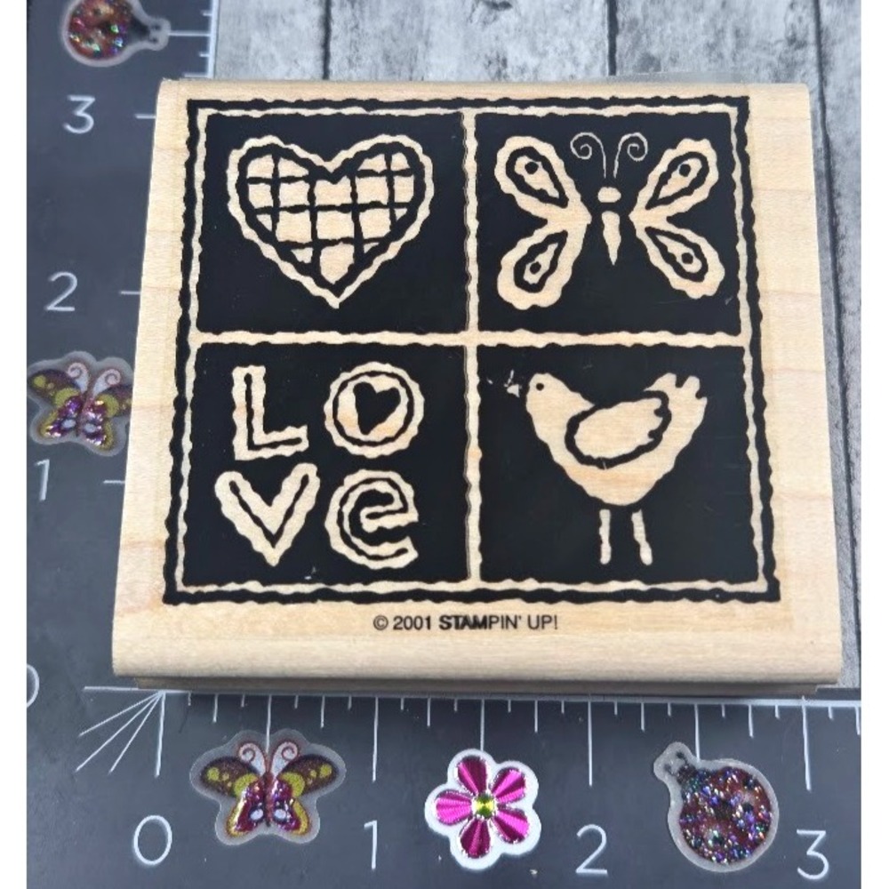 Stampin' Up! Love Squares Butterfly Heart Bird 2001 Rubber Stamp Wood #K81
